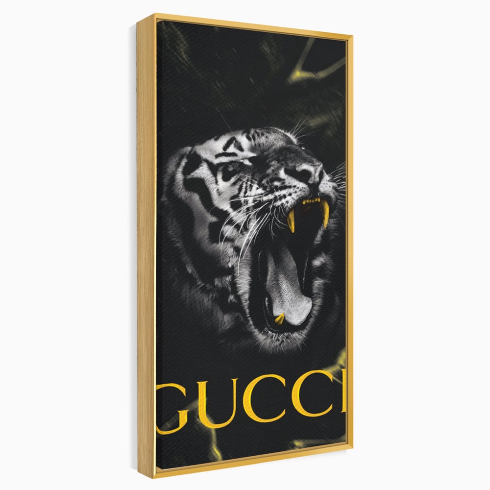 Tablou canvas cu tablou vertical cu tigru si text, in rama de aluminiu auriu